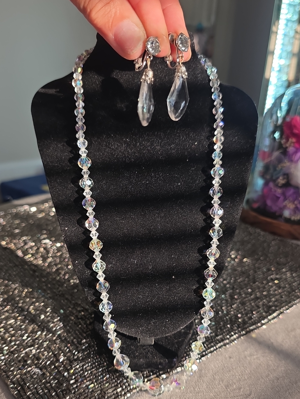 Vintage Aurora Crystal Necklace & Drop Earrings - Clear/Iridescent